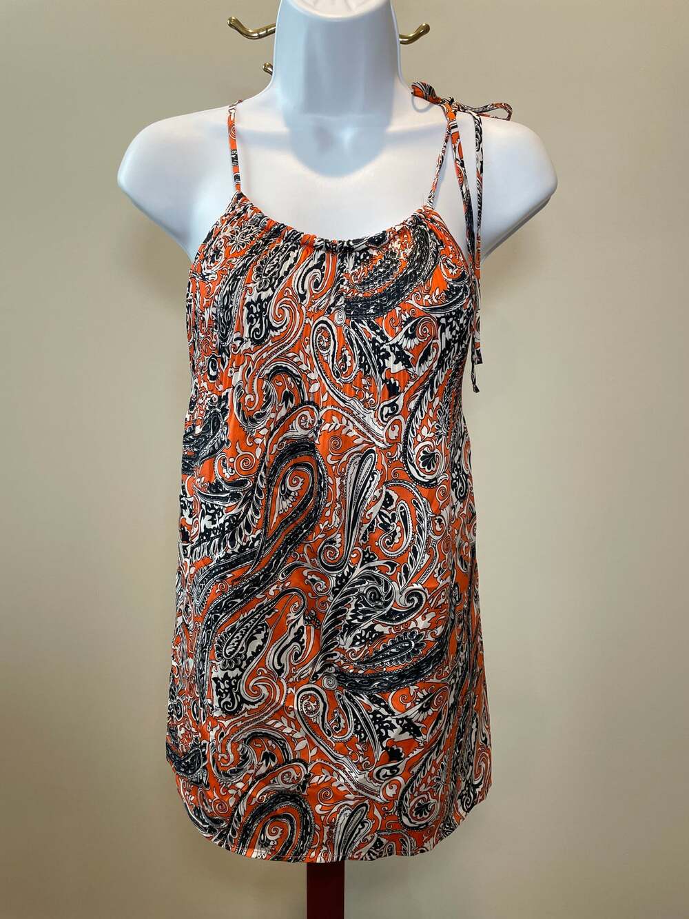 Ann Taylor Top Orange Navy Paisley Racerback Spaghetti Strap Size M